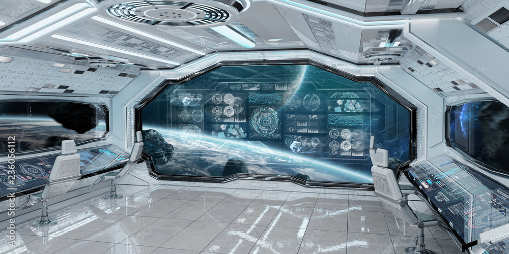 Poster White spaceship interior with control panel digital screens 3D rendering