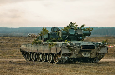 Fototapeta premium A tank hidden behind pine trees in polygon