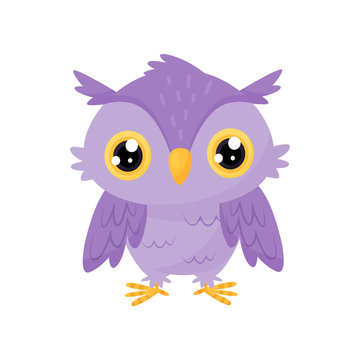 Lovely purple owlet, cute bird cartoon character, design element for Birthday party vector Illustration on a white background