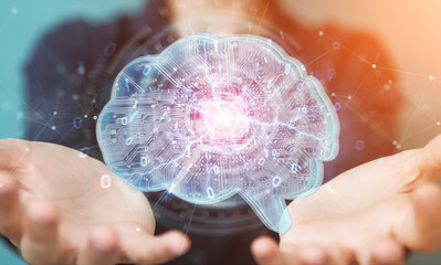 Businesswoman creating artificial intelligence in a digital brain 3D rendering