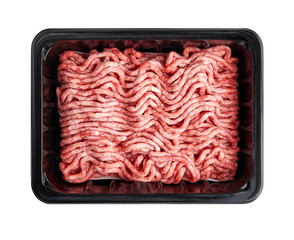 Black plastic tray with raw fresh pork minced meat isolated on white background. Packaging design...