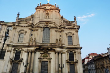 Fototapeta na wymiar Facade of St. Nicholas church in Prague, Czech Republic