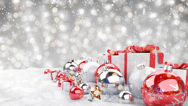 Red christmas baubles and gifts background 3D rendering