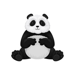 Adorable fluffy panda sitting and stroking belly. Bamboo bear with black and white fur. Flat vector icon