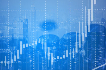 Candle stick graph chart with indicator showing bullish point or bearish point, up trend or down trend of price of stock market or stock exchange trading, investment concept.