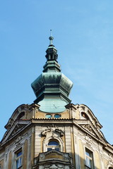 Pediment of a building typical of Prague, Czech Republic