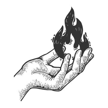 Fire In Hand Engraving Vector Illustration. Scratch Board Style Imitation. Black And White Hand Drawn Image.