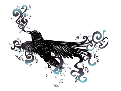 Black raven with music notes