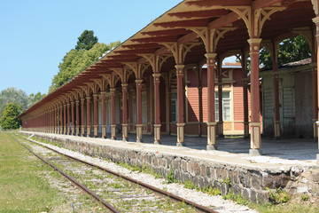 Obraz premium Platform of old vintage railway station in Haapsalu, Estonia.