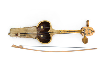 Kazakh national string instrument kyl-kobyz with bow isolated on white background