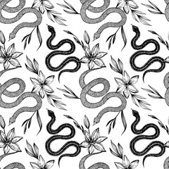 Seamless pattern. Hand drawn ink snake and lilies flowers, vector illustration. Snake silhouette illustration. Graphic sketch for print, patterns, clothes, fashion design, background, decor, textile.
