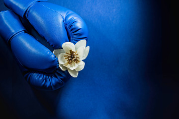 Blue boxing gloves with white flower  on bright blue background. Woman boxing concept.