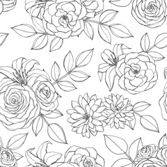 Vector seamless pattern with rose, lily, peony and chrysanthemum flowers line art on the white background. Hand drawn floral repeat ornament of blossoms in sketch style. Usable for coloring books.