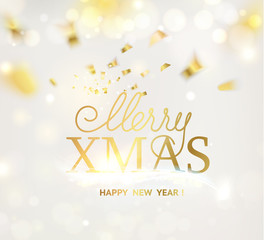 Happy new year card over gray background with golden confetti. Merry xmas 2019 sign on holiday card. Template for your design. Vector illustration.