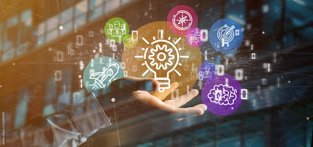 Poster cloud of colorfull start up icon bubble with data businessman holding a binary 3d rendering