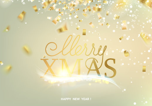 Happy new year card over gray background with golden confetti. Merry xmas 2019 sign on holiday card. Template for your design. Vector illustration.
