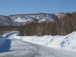 Winter in Kamchatka. Snow and frost. View of hills and trees