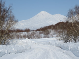 Fototapeta na wymiar Beautiful winter volcanic landscape of Kamchatka Peninsula