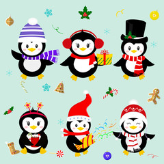 Set of six lucky Christmas penguin character in different hats and accessories. Celebrates New Year and Christmas. Cartoon style, vector