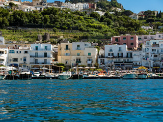 Fototapeta na wymiar Marina Grande, harbor promenade with boats, Capri, Gulf of Naples, Campania, Italy