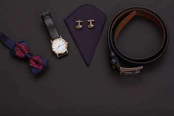 Set of men accessories in business style. Luxury businessman attributes.