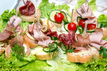 Close up of small canapes arranged on a plate over light background - selective focus