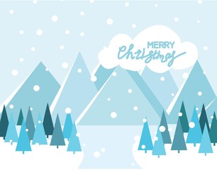 Fototapeta na wymiar Merry Christmas Landscape. Vector. Christmas card with trees and mountains