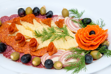 Different types delicacies of meat and cheese arranged in a plate over light background - selective focus