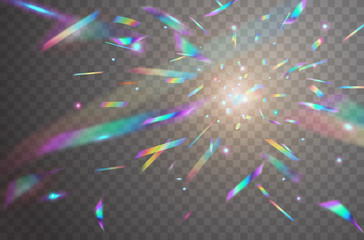 Holographic falling confetti isolated on transparent background. Rainbow iridescent overlay texture. Vector festive foil hologram tinsel with bokeh light effect and glare glitter. - obrazy, fototapety, plakaty