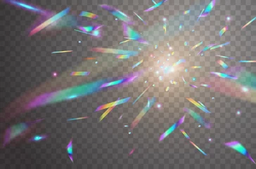 Fotobehang Holographic falling confetti isolated on transparent background. Rainbow iridescent overlay texture. Vector festive foil hologram tinsel with bokeh light effect and glare glitter. © Kindlena