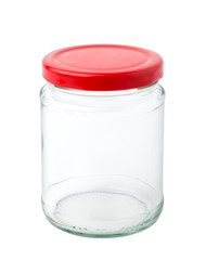 Empty glass jar isolated on white background