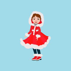 Cute little girl in winter coat. Vector illustration can use for Christmas greeting card, invitation, T-shirt, interior design