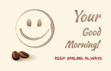 Coffee ring stain for cafe card, menu.
Funny smile face by coffee stains. Design elements for the card, menu, invitations. Vector illustration.