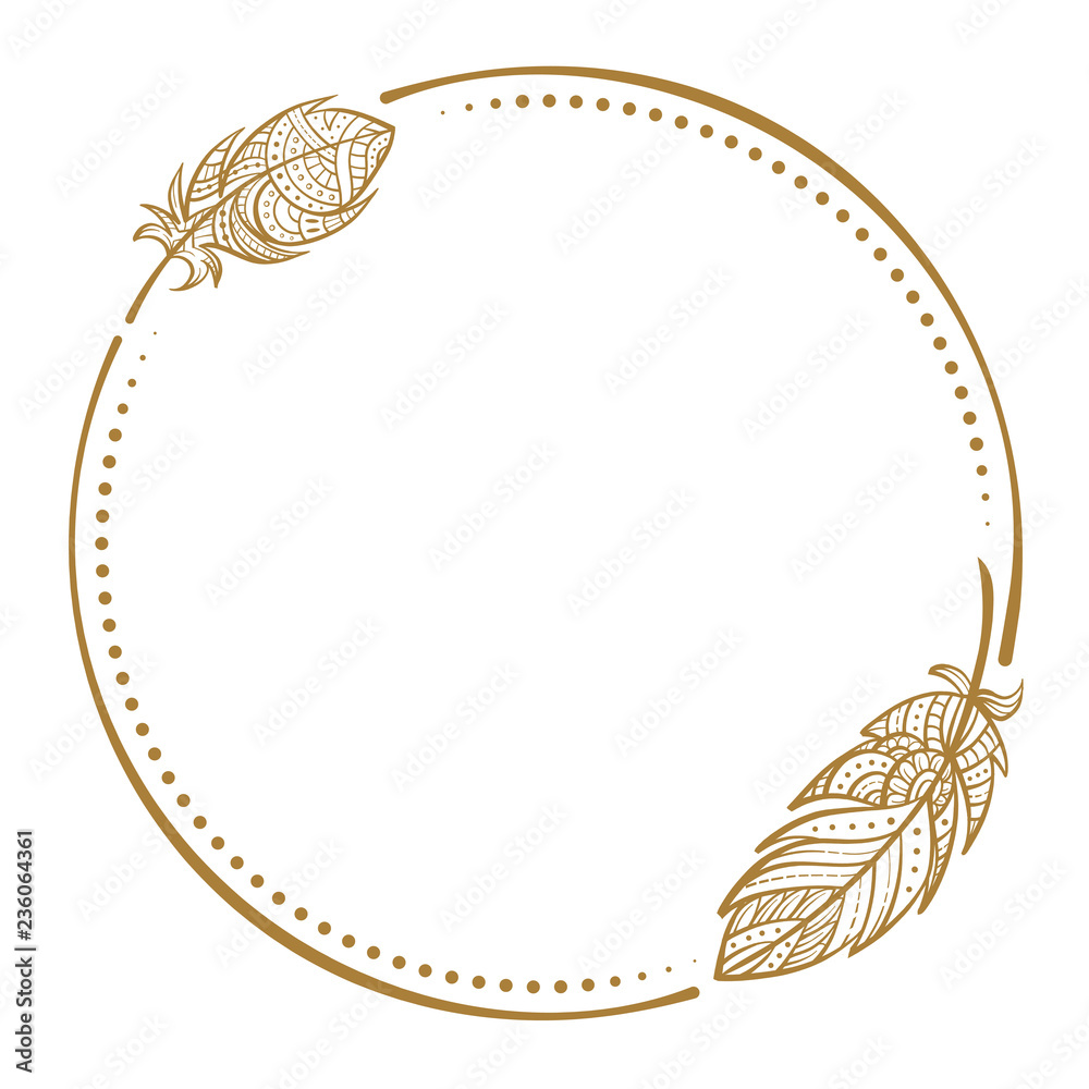 Wall mural Vector round dotted frame frame with boho style feathers decoration