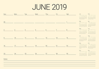 June 2019 desk calendar vector illustration