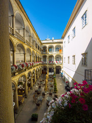 View of Italian courtyard loggia arcade of the Korniakt palace (kamienica Królewska) on old town in the center of Lvov © watcherfox