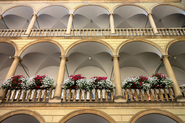 View of Italian courtyard loggia arcade of the Korniakt palace (kamienica Królewska) on old town in the center of Lvov © watcherfox