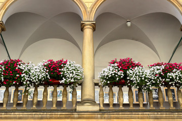 View of Italian courtyard loggia arcade of the Korniakt palace (kamienica Królewska) on old town in the center of Lvov © watcherfox
