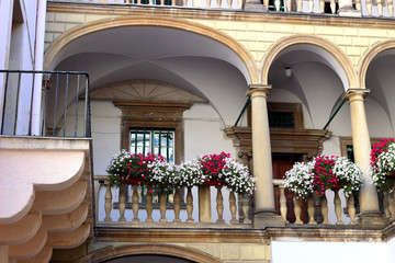 View of Italian courtyard loggia arcade of the Korniakt palace (kamienica Królewska) on old town in the center of Lvov © watcherfox