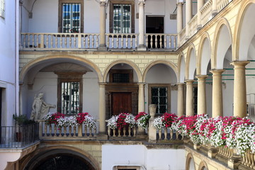 View of Italian courtyard loggia arcade of the Korniakt palace (kamienica Królewska) on old town in the center of Lvov © watcherfox