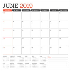 June 2019 desk calendar vector illustration