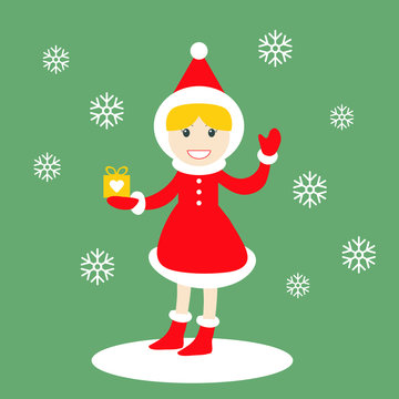 Vector image - young smiling blonde girl dressed in traditional red & white Santa Claus costume, holding a gift and waving a hand, with snowflakes around her, Celebrating Christmas / New Year concept.