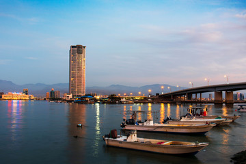 Naklejka premium Ras Al Khaimah creek on a calm evening, the northern emirate of the United Arab Emirates
