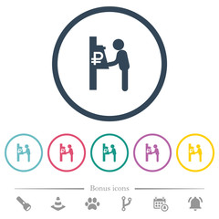 Ruble cash machine flat color icons in round outlines
