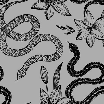 Seamless pattern. Hand drawn ink snake and lilies flowers, vector illustration. Snake silhouette illustration. Graphic sketch for print, patterns, clothes, fashion design, background, decor, textile.
