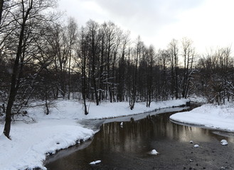 Churilikha river in Kuzminki-Lyublino park in Moscow in winter