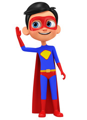 Fototapeta na wymiar Character cartoon boy in a superhero costume eavesdrops on a white background. 3d rendering. Illustration for advertising.