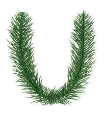 Letter U, English alphabet, collected from Christmas tree branches, green fir. Isolated on white background. Concept: ABC, design, logo, title, text, word