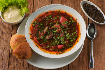 Delicious borscht with lamb, beetroot, herbs and spices