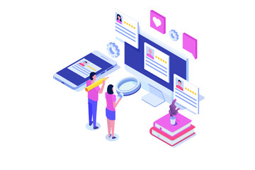 Fototapeta premium Freelancers service isometric concept with text place. Landing page template.